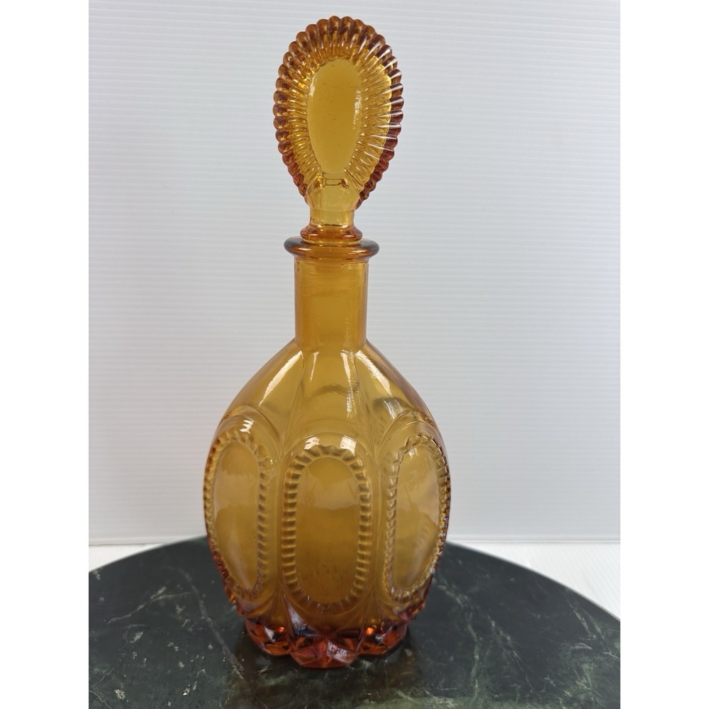 Vintage Amber Glass Genie Bottle Decanter w/Flame Stopper Mid Century Modern MCM